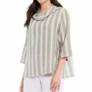 Bryn Walker Etta Striped Linen Cowl Neck Top Medium Lagenlook Boho 3/4 Sleeves